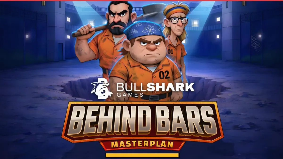 Tiga karakter narapidana dalam slot Behind Bars Masterplan dengan latar belakang penjara modern.