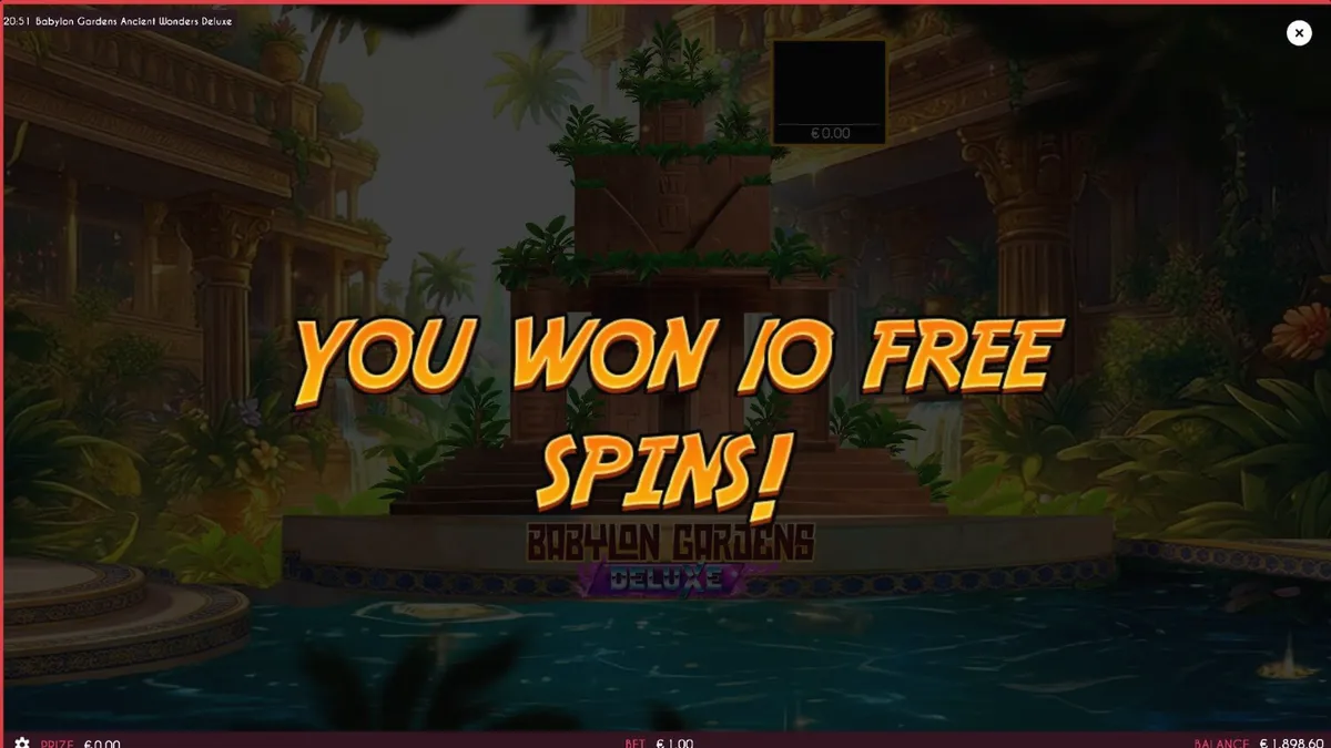 Pemandangan visual slot Babylon Gardens Ancient Wonders Deluxe dengan tema taman kuno