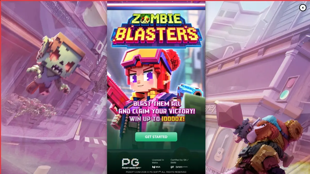 Tampilan layar permainan slot Zombie Blasters dengan nuansa arcade retro dan simbol zombie