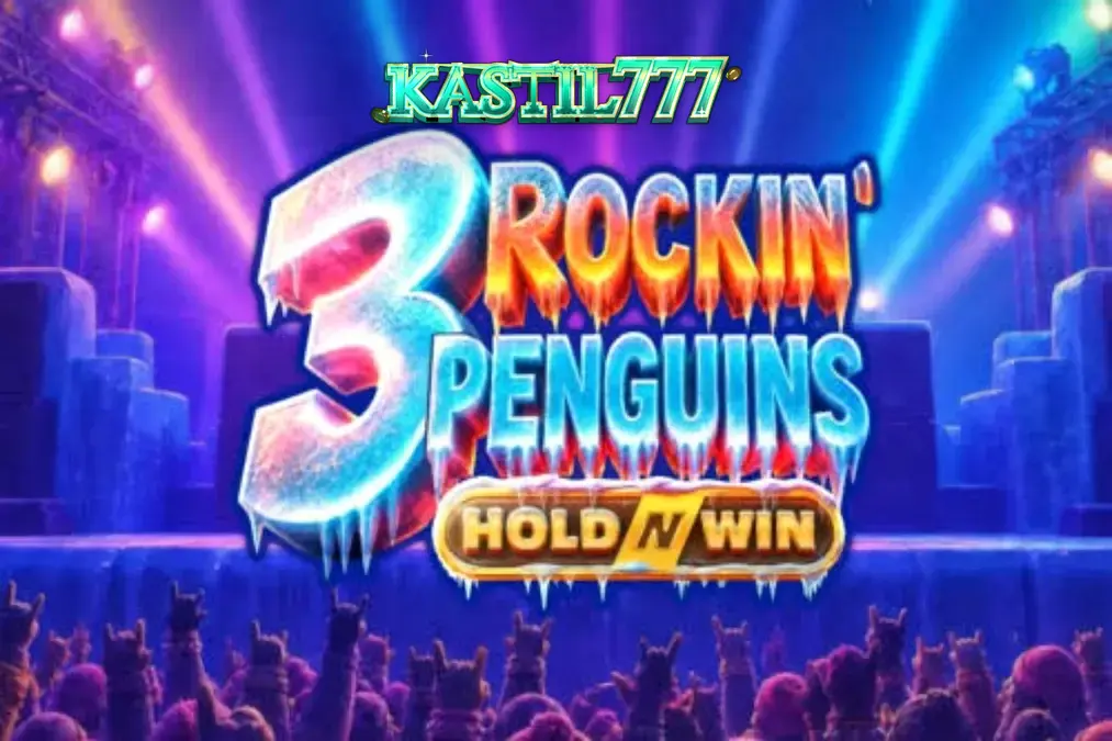 Tampilan visual slot 3 Rockin’ Penguins dengan tema konser penguin punk-rock